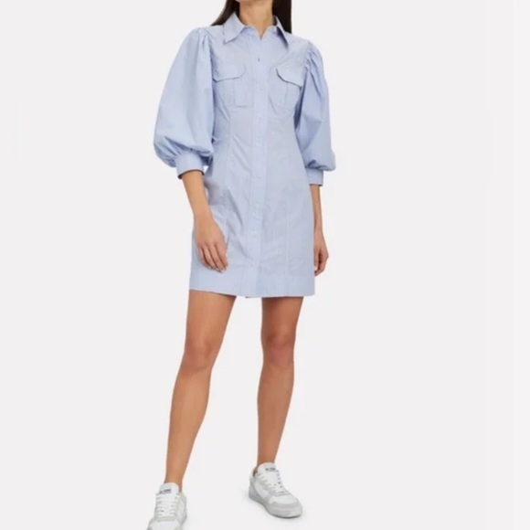 Ganni Blue Cotton Striped Button Front Balloon Sleeve Shirt Dress Mini - Picture 8 of 8